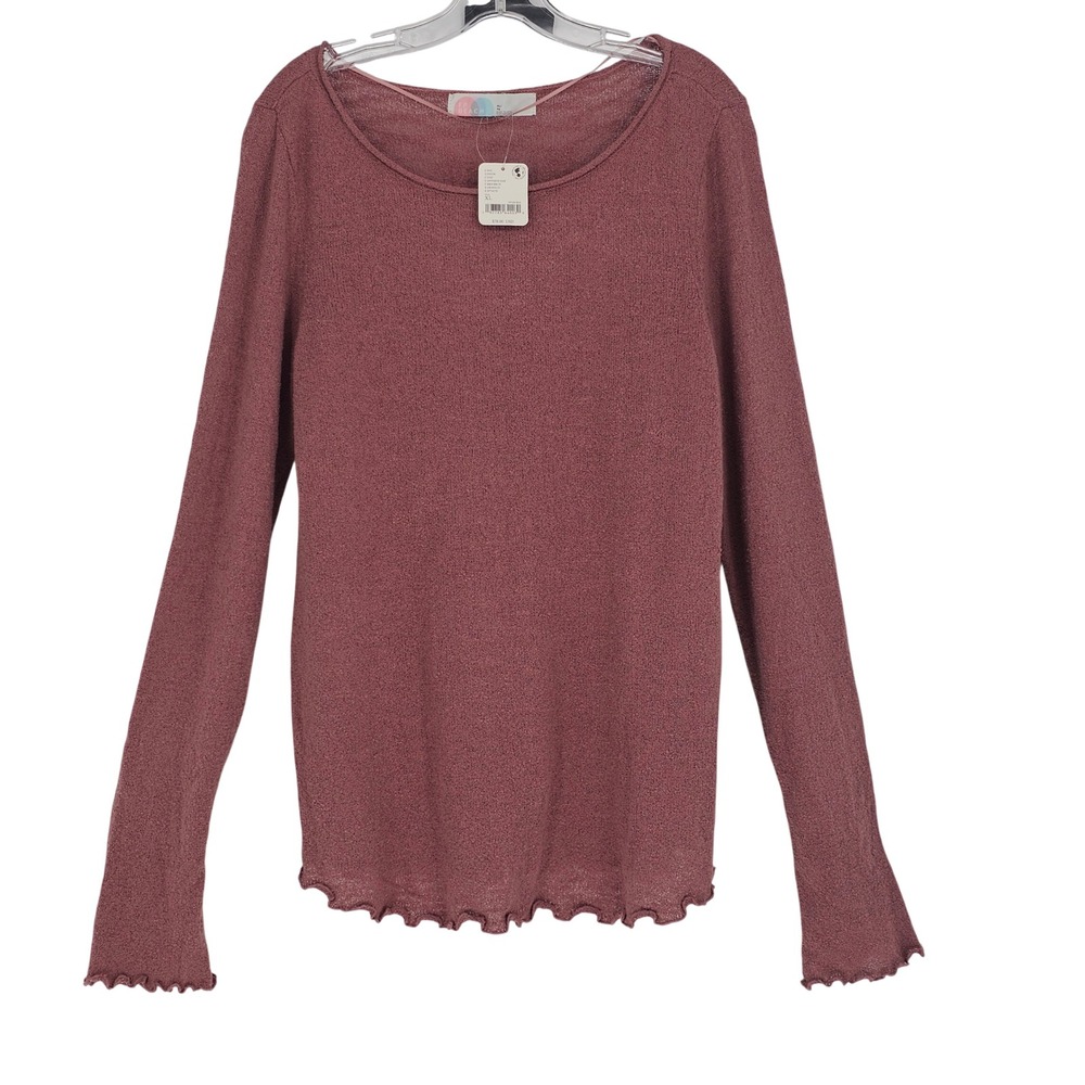 FP Beach Semi Sheer Knit Top XL Mauve Lettuce Edge LS Stretch Boho Festival NWT